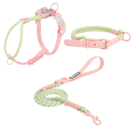 Dog harness collar and leash set in peach and green reflective design