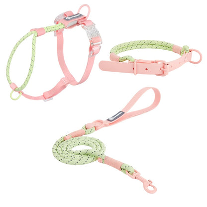 Dog harness collar and leash set in peach and green reflective design