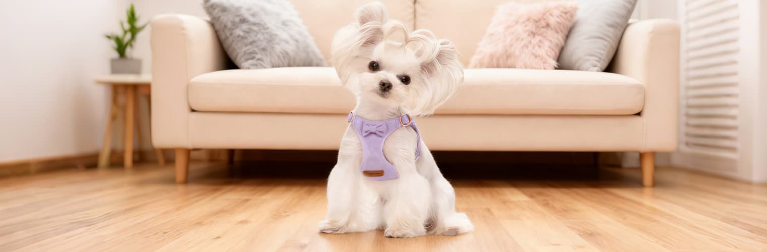 Dog wearing harness collar and leash set comfortably indoors