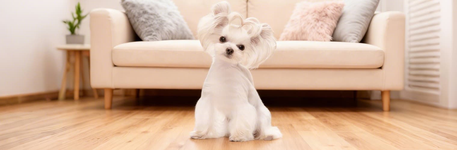 Dog shown before wearing harness collar and leash set