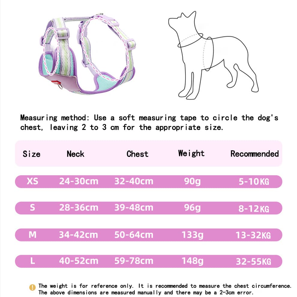 Harness size chart for small dogs showing neck, chest, weight, and recommended fit
