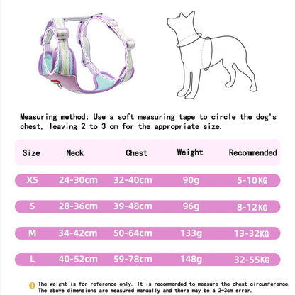 Harness size chart for small dogs showing neck, chest, weight, and recommended fit