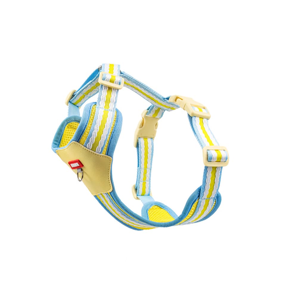 Yellow and blue small dog harness with breathable mesh and reflective stitching