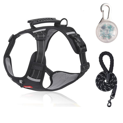 Black dog harness leash set with strong control handle, padded chest support, front and back clips and leash