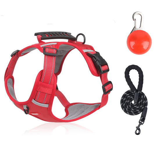 Adjustable dog harness leash set in red with no pull design, breathable padded mesh and LED light for night walks