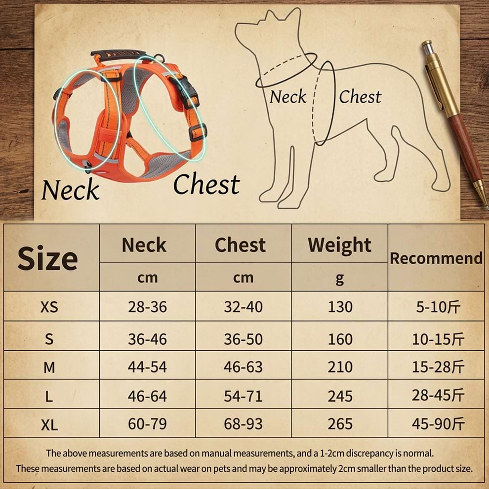 Dog harness leash set size chart providing precise neck, chest, and weight measurements from XS to XL to ensure a perfect fit.