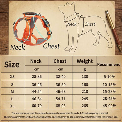 Dog harness leash set size chart providing precise neck, chest, and weight measurements from XS to XL to ensure a perfect fit.