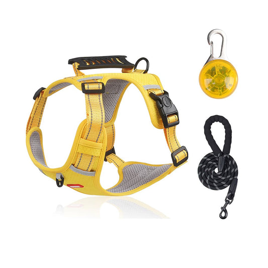 Dog Harness Leash Set in vibrant yellow, complete with a durable rope leash and an LED safety light for ultimate nighttime visibility.