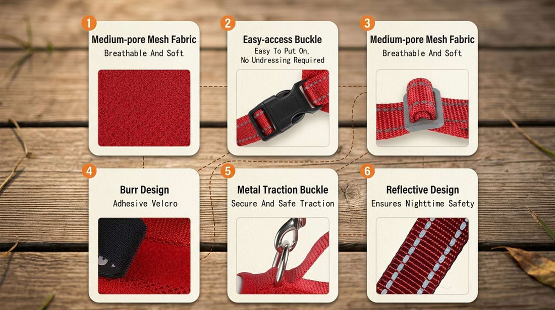 High-quality materials of the harness set, featuring medium-pore breathable mesh fabric, secure metal traction buckles, and nighttime reflective design.