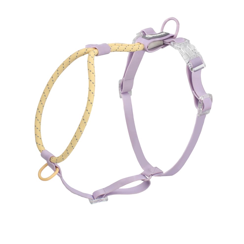 Reflective dog harness in purple and yellow, anti-pull adjustable fit