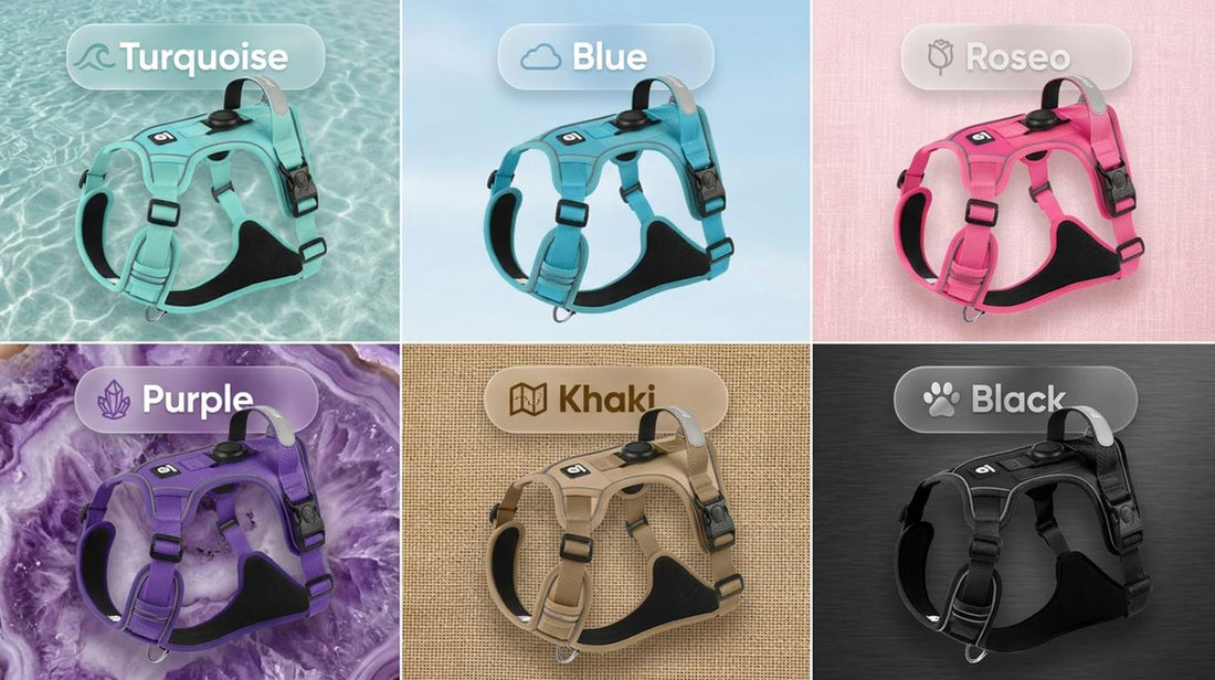 Color options for the dog harness with Airtag holder, showing Turquoise, Blue, Roseo, Purple, Khaki, and Black variations.