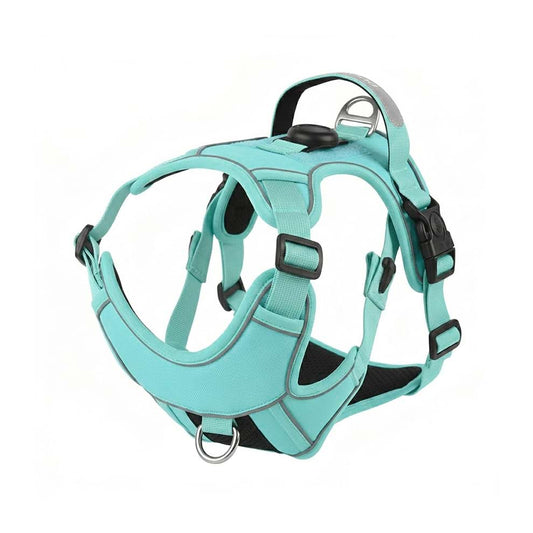 Dog Harness with Airtag Holder in turquoise, featuring a durable no-pull design and a secure protective case for GPS tracking.