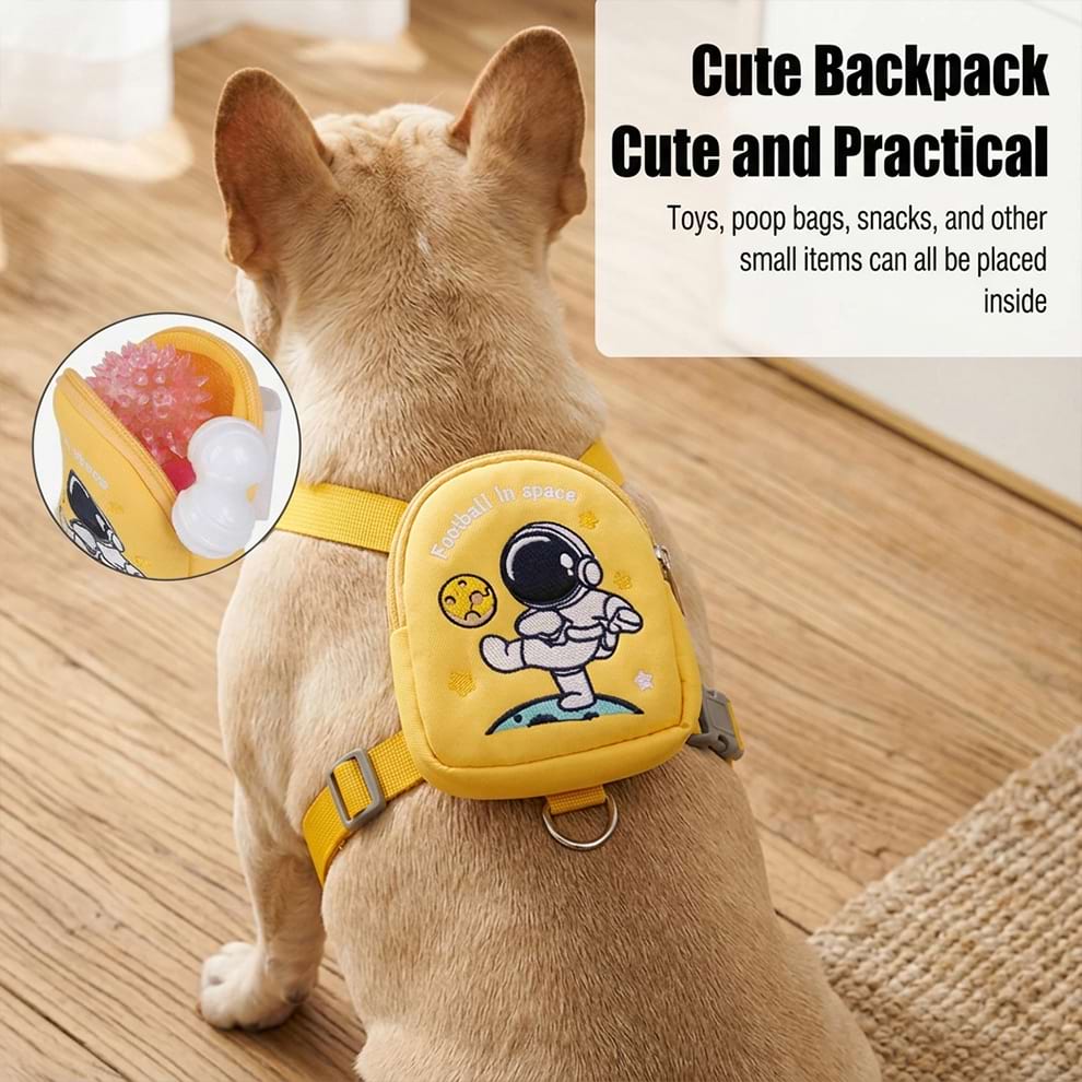 Cute and practical dog harness with a built-in backpack, perfect for storing toys, poop bags, snacks, and other small items.