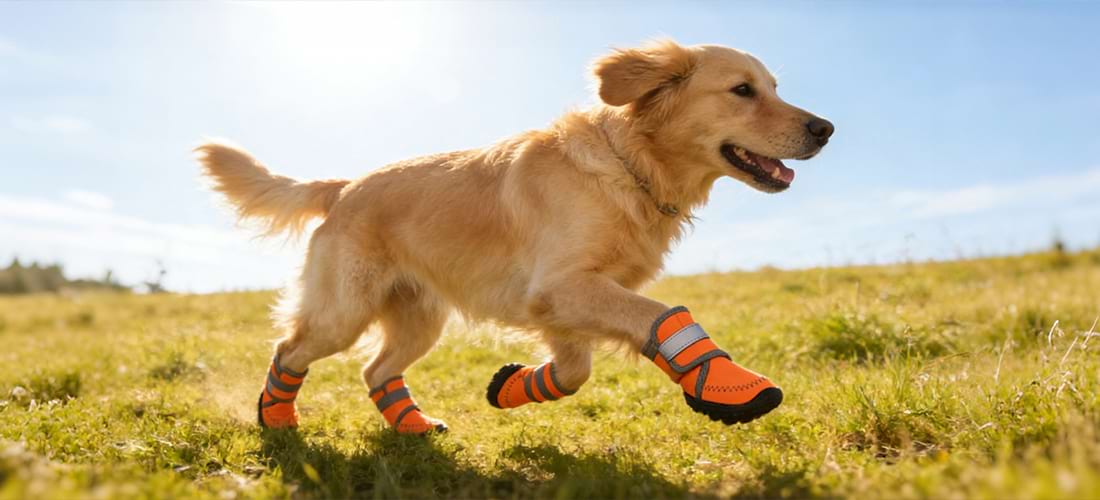 Golden Retriever running on grass in orange dog hiking boots, offering rugged waterproof protection and visibility for outdoor adventures.