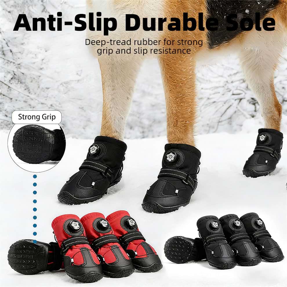 Close-up of deep-tread rubber sole on dog hiking boots providing strong grip on snow and ice.