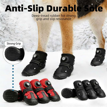 Close-up of deep-tread rubber sole on dog hiking boots providing strong grip on snow and ice.