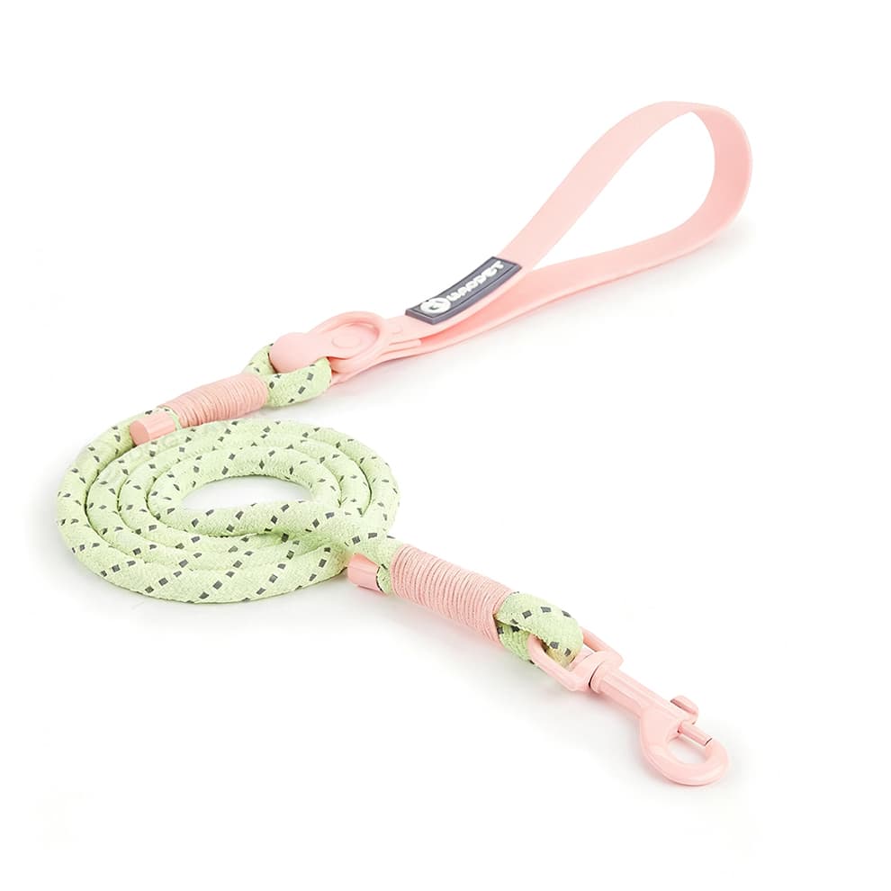 Reflective dog leash in peach and green, strong rope with swivel hook