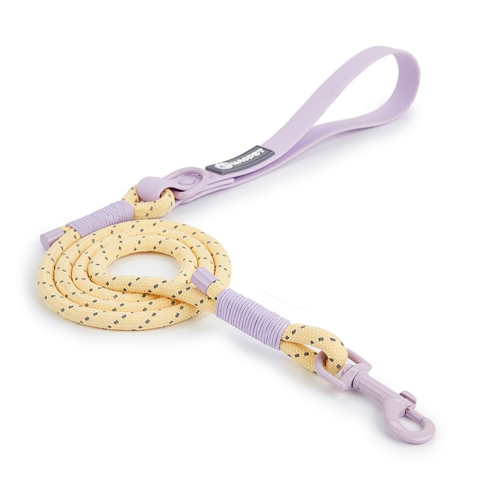 Reflective dog leash in purple and yellow, durable PVC + nylon rope