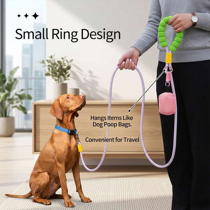 Dog leash with accessory ring design, perfect for hanging items like dog poop bags or keys, making it highly convenient for travel.