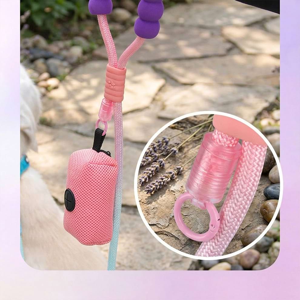 Dog leash with poop bag dispenser attached to the convenient expansion ring, making outdoor walks and clean-ups hassle-free.
