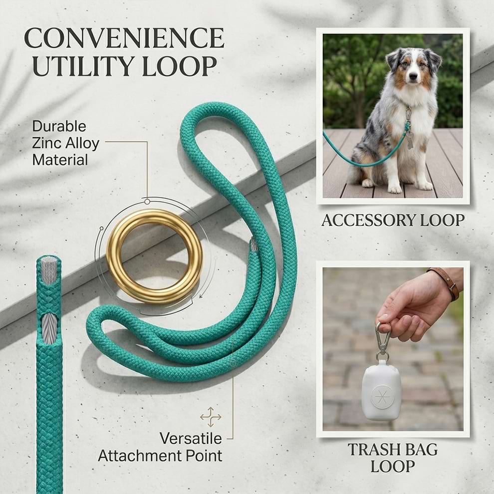 Dog leash with poop bag holder loop, featuring a durable zinc alloy attachment point for carrying accessories conveniently during walks.
