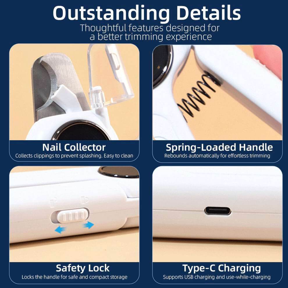 Detailed view of the dog nail clippers with light hardware, featuring a nail collector to catch debris, a safety lock, and a spring-loaded handle.