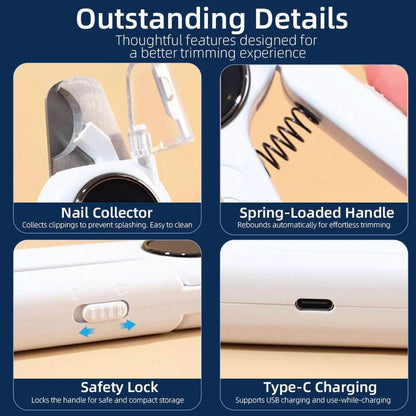 Detailed view of the dog nail clippers with light hardware, featuring a nail collector to catch debris, a safety lock, and a spring-loaded handle.