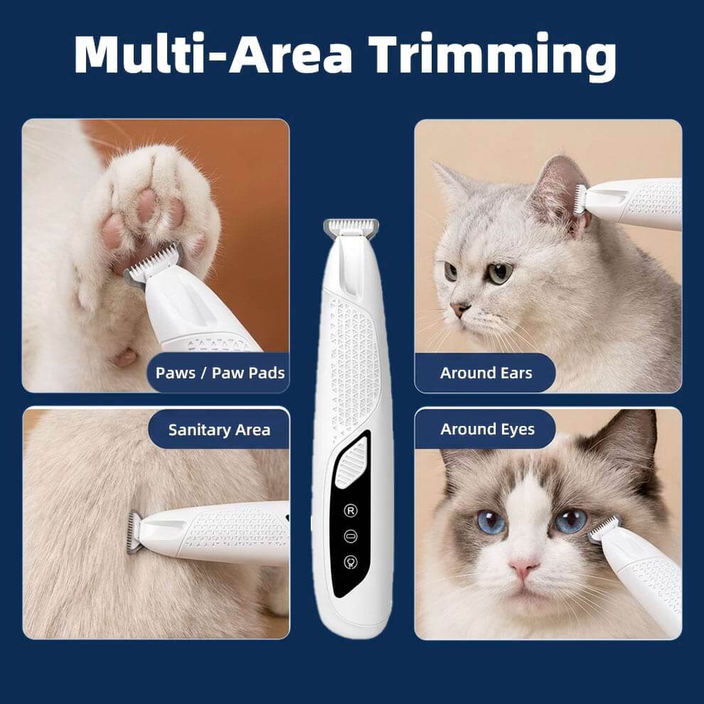 The dog nail trimmer with light being used on sensitive areas: paw pads, around ears, sanitary areas, and around the eyes.