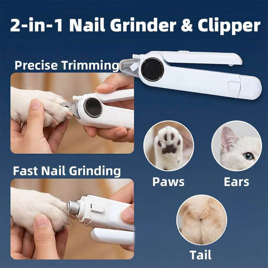 A versatile dog nail trimmer with light being used for precise grooming on paws, ears, and tails, combining grinding and clipping functions.