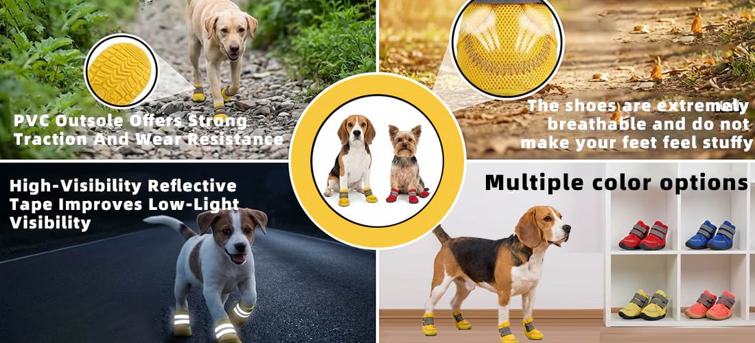 Dog paw protection details showing anti-slip outsole for hot pavement traction and high-visibility reflective material.