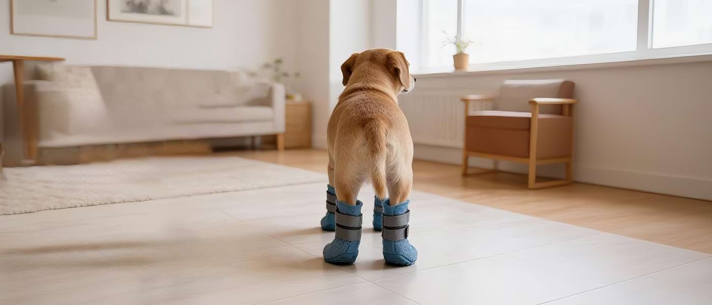 Dog paw protection boots in blue showing secure double-strap fit on hind legs.
