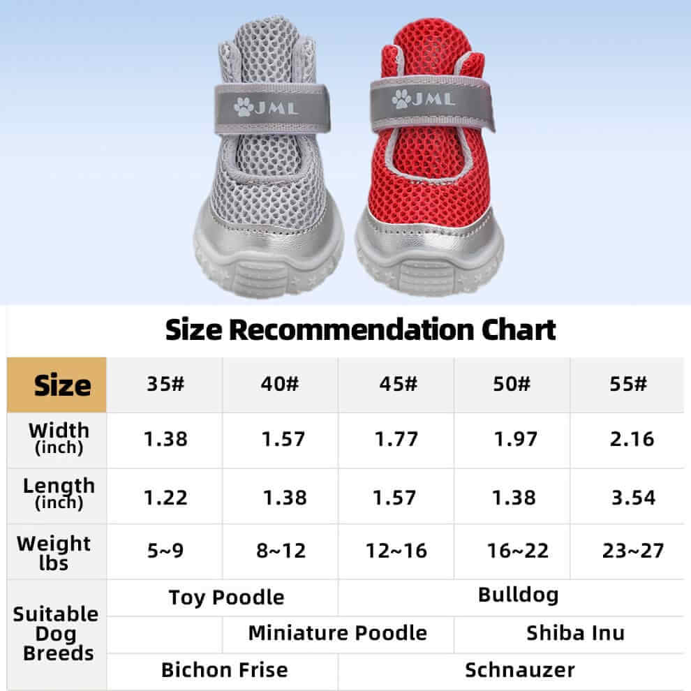 Size chart for Dog Shoes for Small Dogs including Poodle, Bulldog, and Shiba Inu measurements.