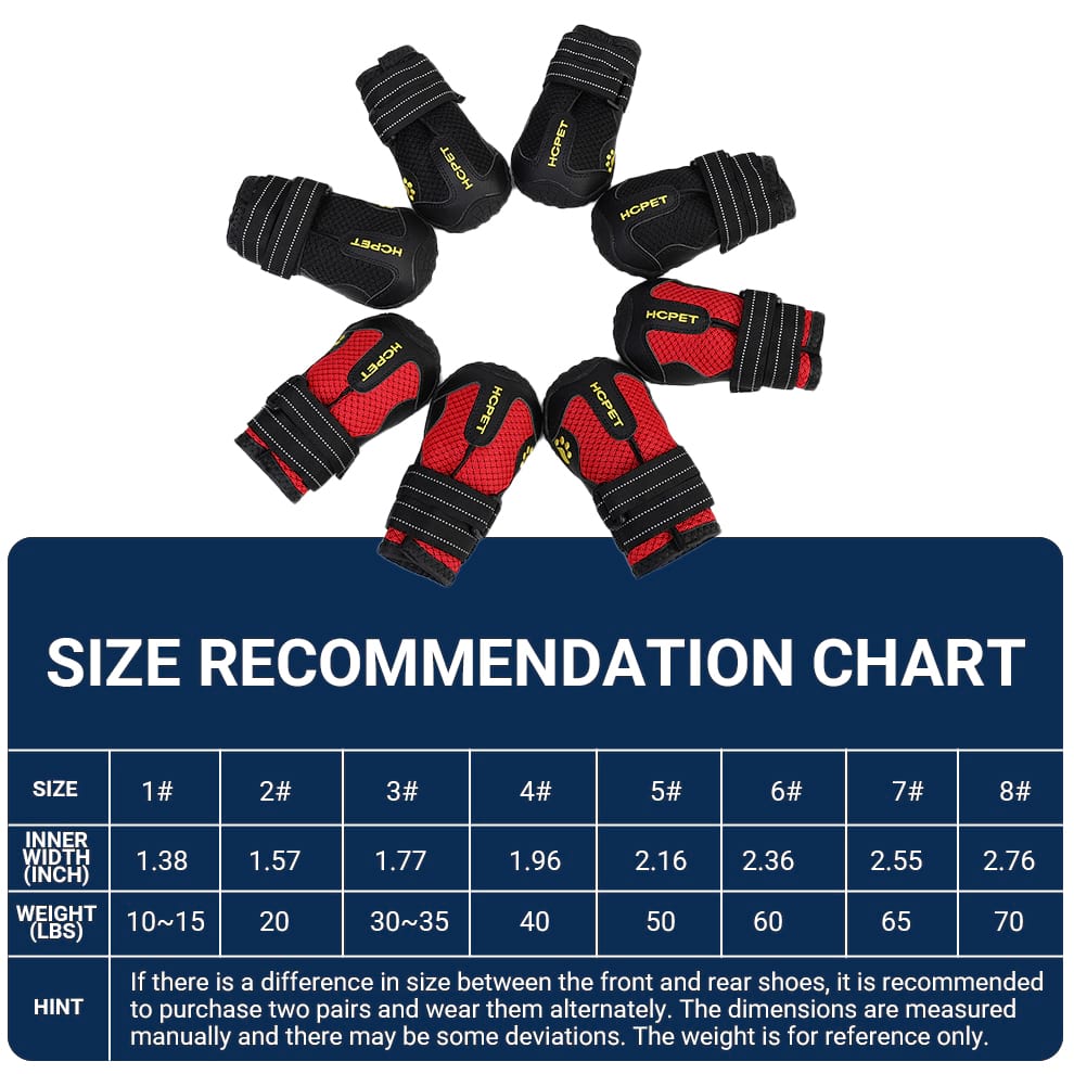 Dog boots size chart referencing inner width and weight recommendations for sizes 1 to 8 to ensure a perfect fit.