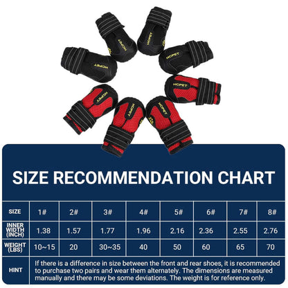 Dog boots size chart referencing inner width and weight recommendations for sizes 1 to 8 to ensure a perfect fit.
