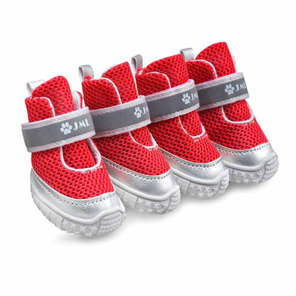 Dog Shoes for Hot Pavement in red mesh with reflective straps, showing front and side views.