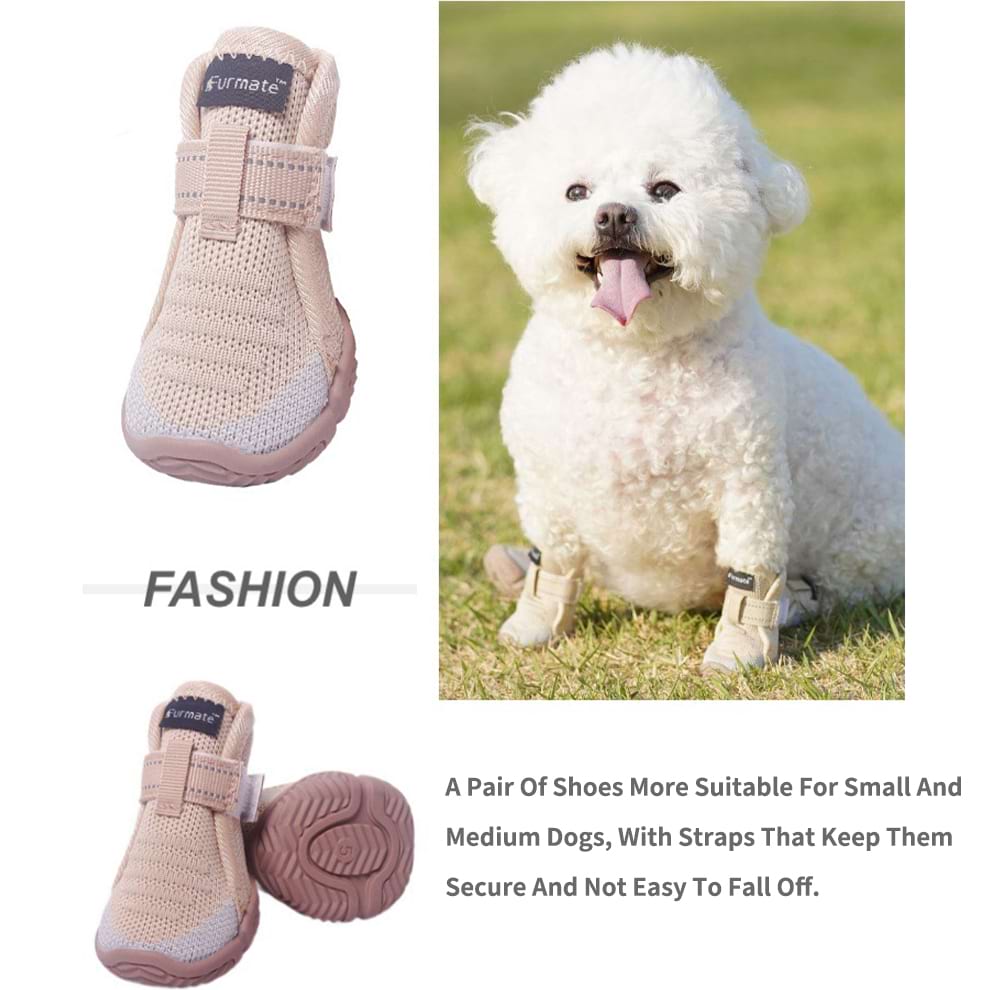 White small dog modeling beige Mesh Dog Boots designed with secure straps that prevent shoes from falling off during walks.