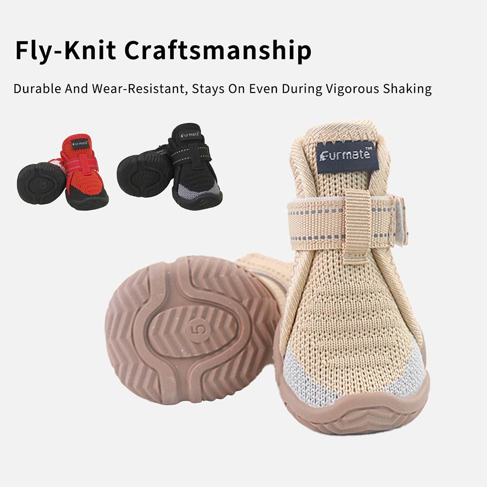 Fly-knit craftsmanship detail showing adjustable velcro straps that ensure these dog shoes stay on even during vigorous shaking.