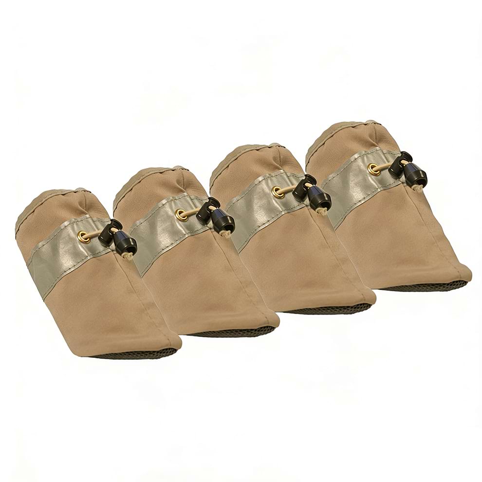 Dog Sock Shoes set of 4 in khaki, featuring a non-slip rubber sole, reflective strap, and adjustable toggle for a secure fit.
