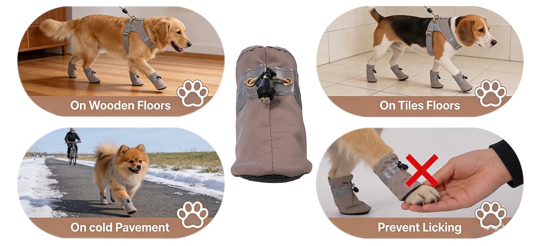Infographic showing 4 uses for Dog Sock Shoes: providing traction on wooden floors and tiles as Non-Slip Dog Booties, protecting paws on cold pavement, and serving as dog socks to prevent licking wounds.