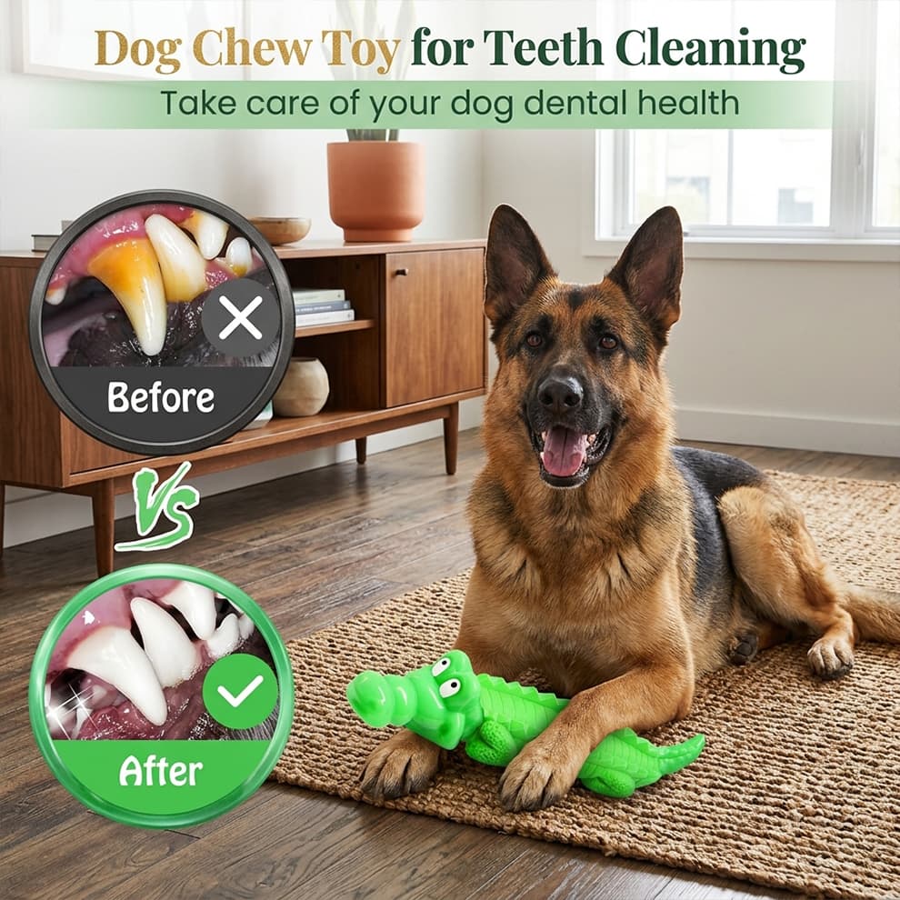 Dog teething cleaning toy showing before and after results, effectively removing plaque and taking care of your dog's dental health.