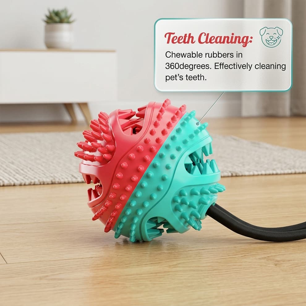 Dog toothbrush chew toy ball made of durable, chewable rubber, effectively cleaning your pet's teeth from every angle.