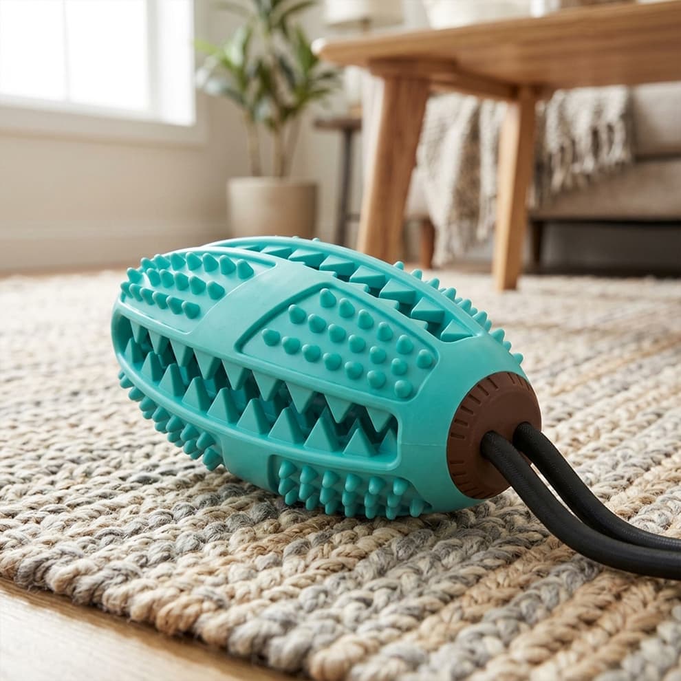 Dog toy for separation anxiety relief, comforting a resting Bernese Mountain Dog and promoting a sense of security when left alone at home.