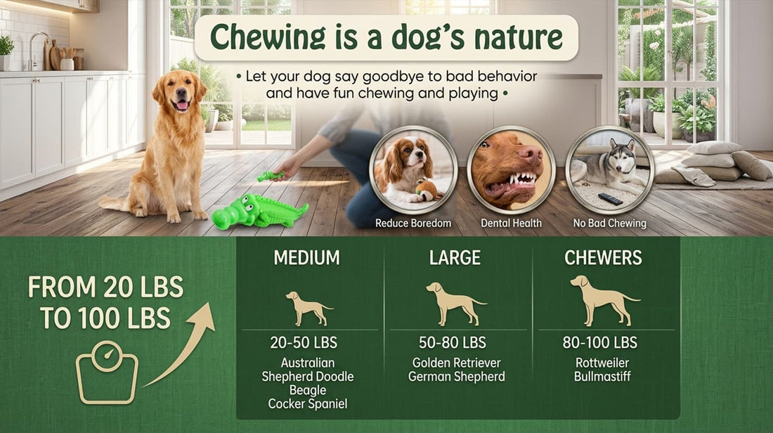 Dog toys for aggressive chewers breed guide, showing suitability for medium dogs, large dogs, and heavy chewers like Rottweilers.