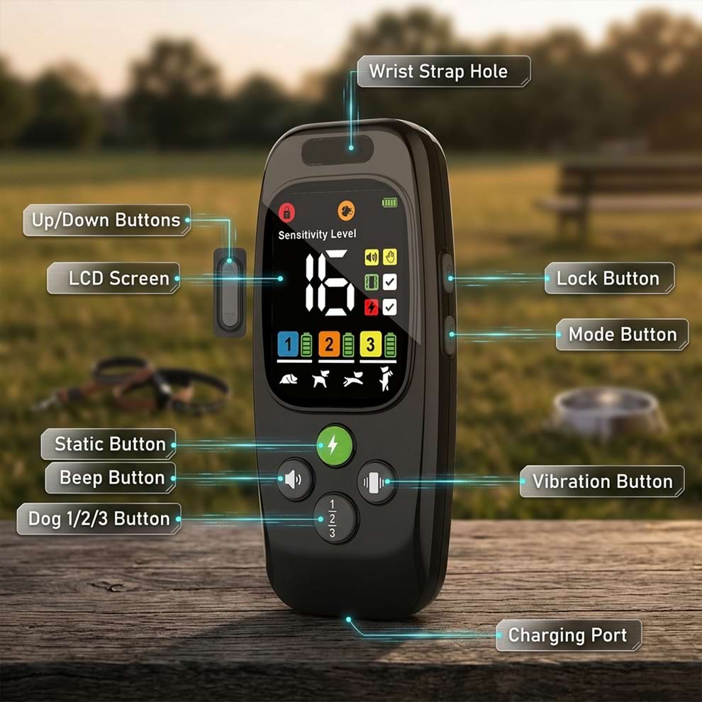 Detailed interface guide for the dog training collar remote, highlighting the LCD screen, static button, beep button, and 3-dog channel switch.