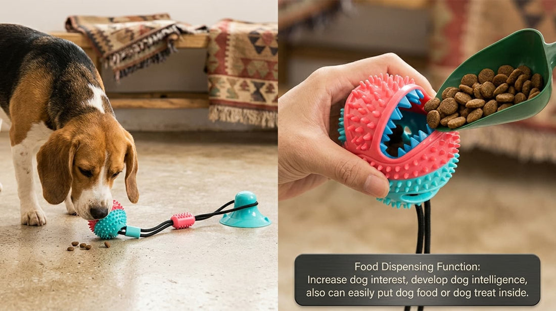 Dog treat dispenser toy ball that increases your pet's interest and develops intelligence by hiding tasty kibble inside the grooves.