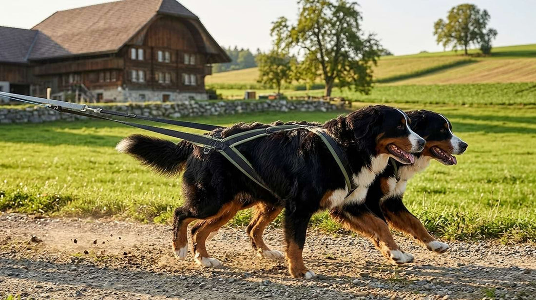 Draft dog carting harness worn by two Bernese Mountain Dogs working together on a dirt road, perfect for heavy-duty pulling tasks.