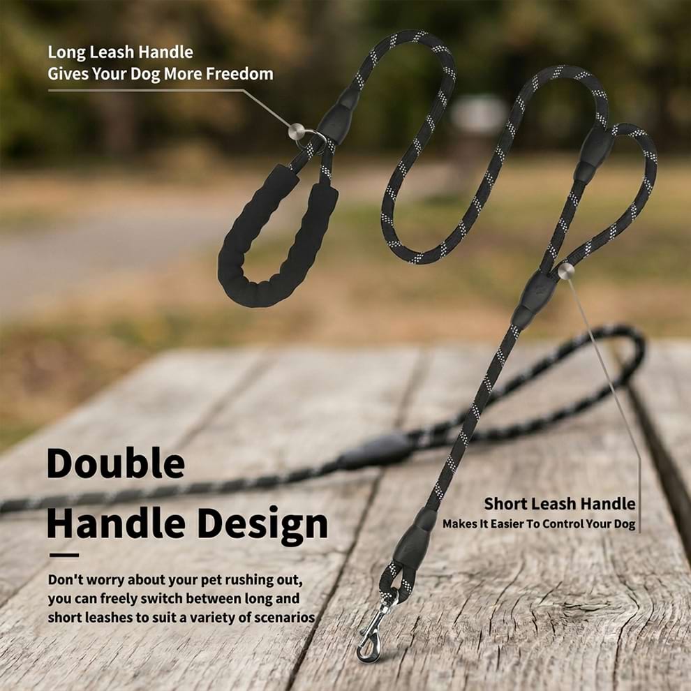 Dual handle dog leash design featuring a long handle for freedom and a short traffic handle making it easier to control your dog in crowded areas.