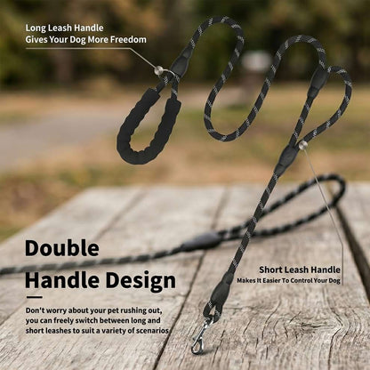 Dual handle dog leash design featuring a long handle for freedom and a short traffic handle making it easier to control your dog in crowded areas.