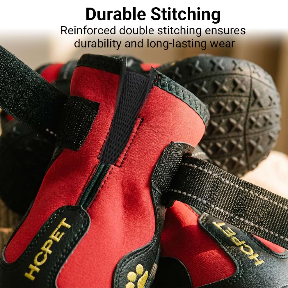Close-up of durable dog boots showing reinforced double stitching that ensures long-lasting wear on rough terrain.