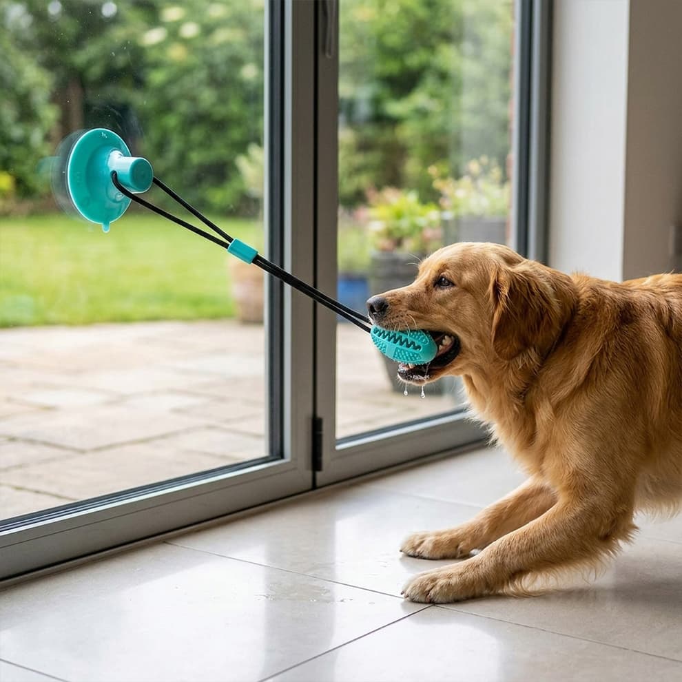 Durable dog chew toys for aggressive chewers, showing a Husky actively pulling the strong suction cup rope to burn off excess energy.